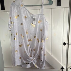 Torrid White and Gold Asymmetrical V-Neck Top Size 1X